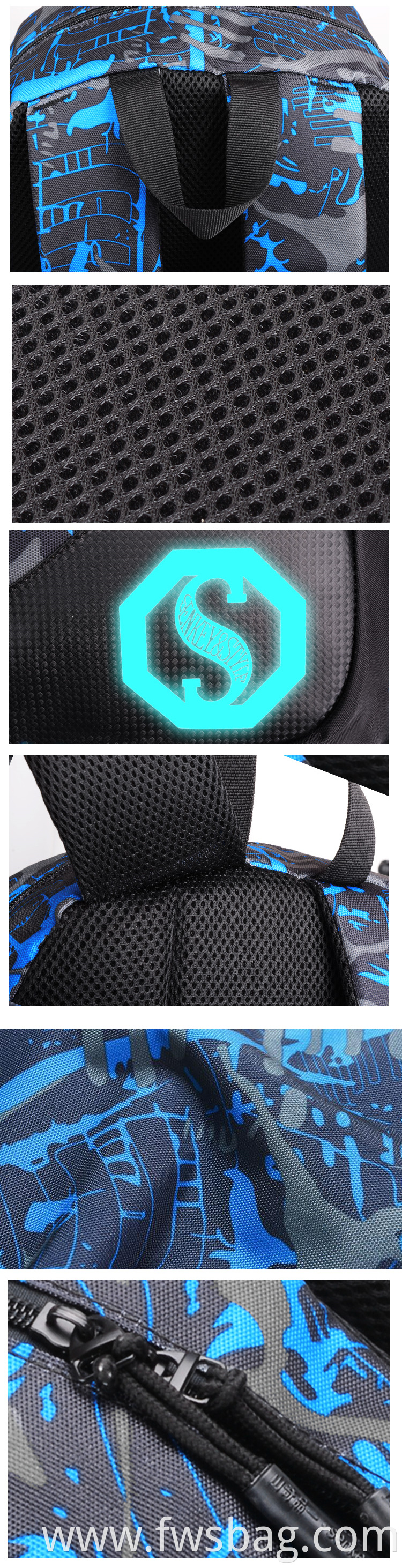 Custom High School Boys Girls Water Resistant Nylon Full Print Luminous Laptop Backpack Bags